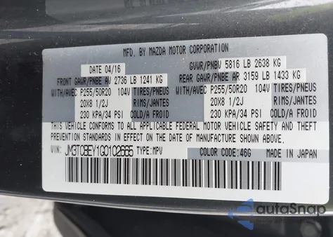 2016 Mazda Cx-9 Signature from USA, damaged, VIN JM3TCBEY1G0102665